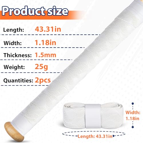 POUMEE 2PCS Bat Grip Tape for Baseball/Softball,1.5mm Precut and Full Adhesive Baseball Bat Grip Replacement,Non-Slip Softball Bat Wrap Tape (Pure White) - Image 2