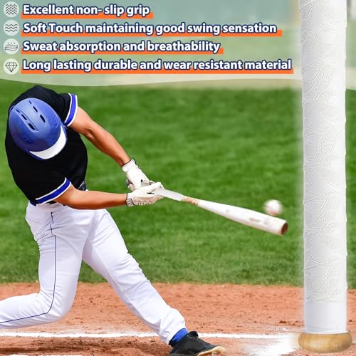 POUMEE 2PCS Bat Grip Tape for Baseball/Softball,1.5mm Precut and Full Adhesive Baseball Bat Grip Replacement,Non-Slip Softball Bat Wrap Tape (Pure White) - Image 4