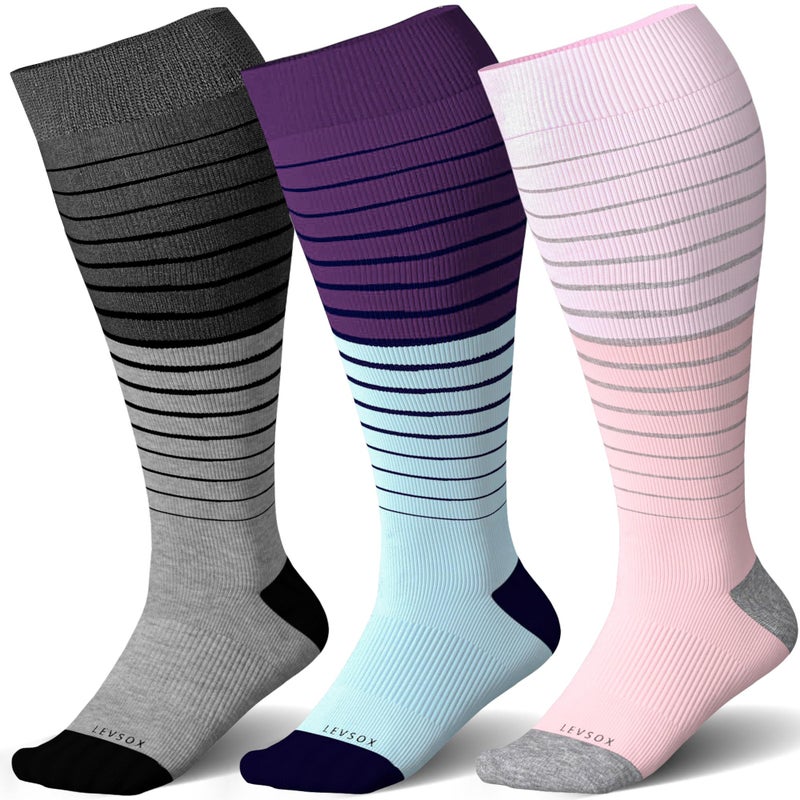 LEVSOX Wide Calf Compression Socks for Women Plus Size Pregnancy Cute Fun 15-20mmHg Knee High Extra Large Support Socks for Nurse, Medical, Travel, Stripe - Image 5