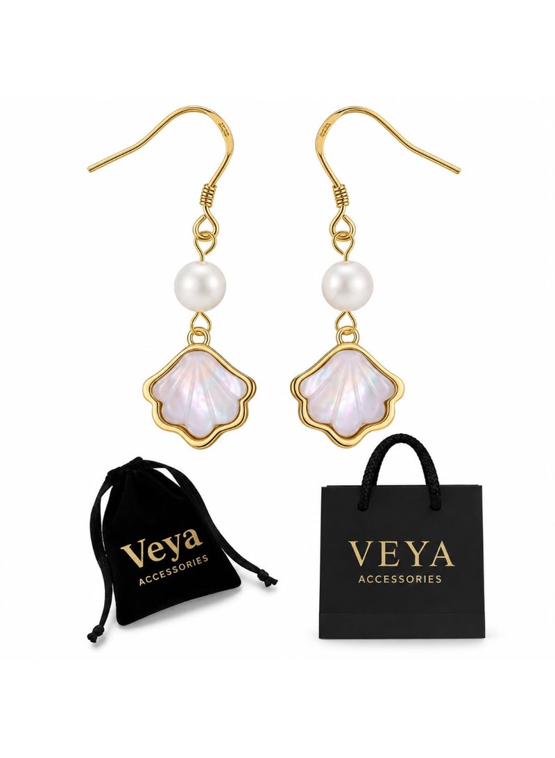 Veya Shell and Pearl Drop Earrings – 14K Gold-Plated 925 Sterling Silver – Includes Velvet Pouch and Elegant Paper Bag - Image 1