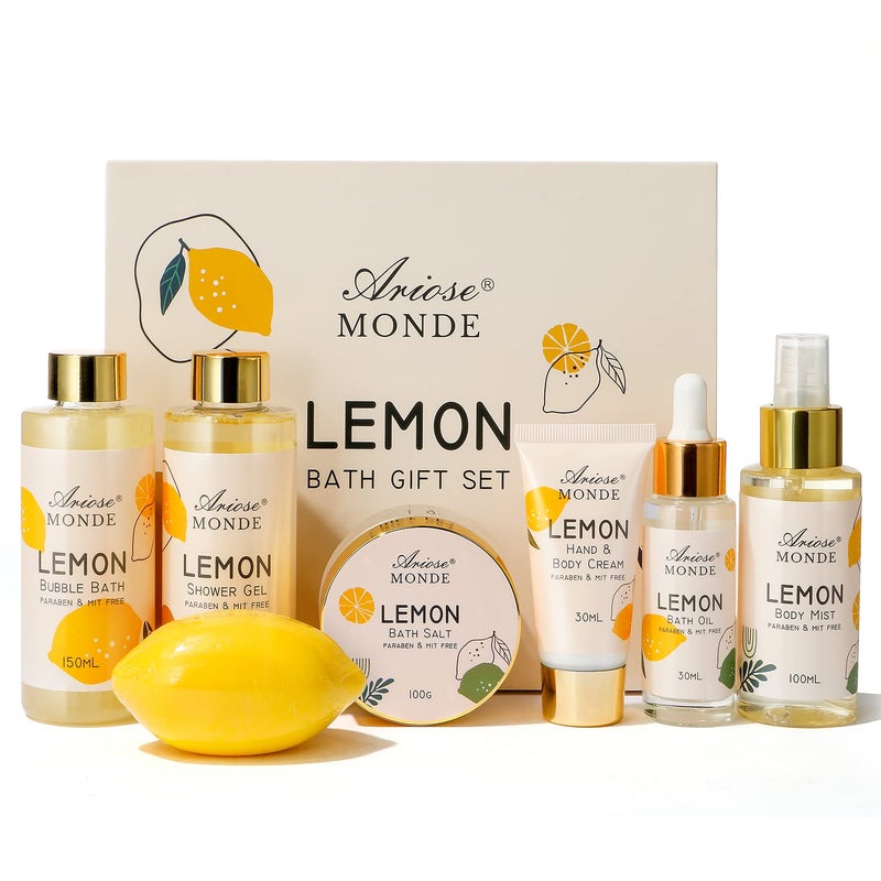 Birthday Gifts Set for Women Bath Spa Gift Box Set with Shower Gel Bubble Bath Body Cream Bath Soap Bath Salt Essential Oil Bath and Body Gift Box for Women Lemon Scent
