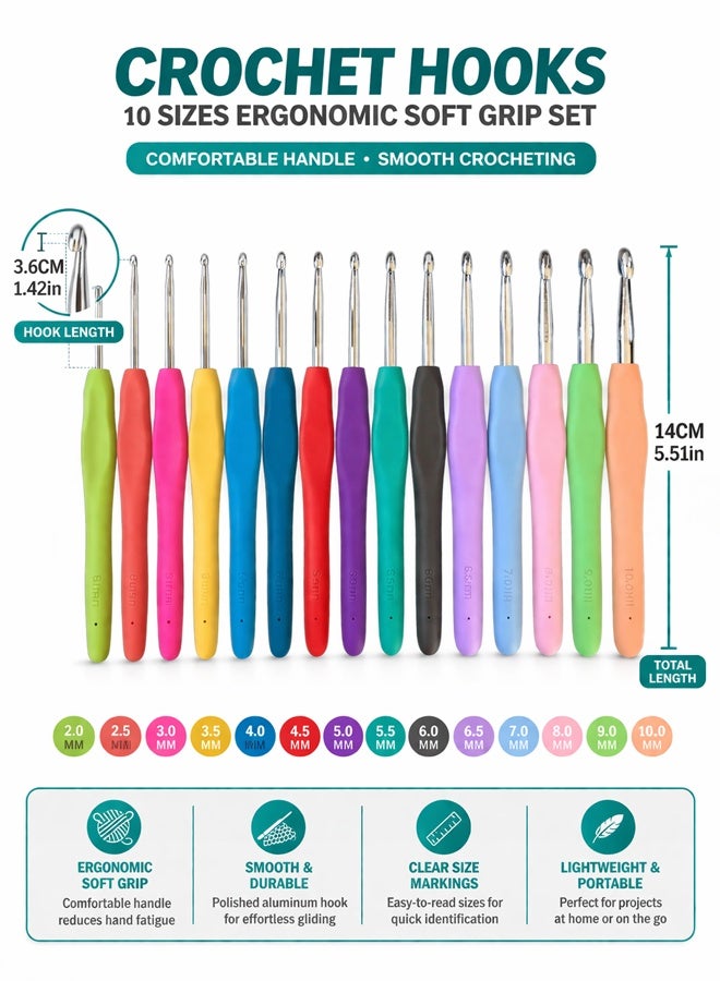 Sisily 76Pcs Ergonomic Crochet Hooks Set with Soft Grip Handles, Multiple Hook Sizes, Stitch Markers, Sewing Needles, Measuring Tape and Storage Bag for Beginners, Multicolor - Image 2