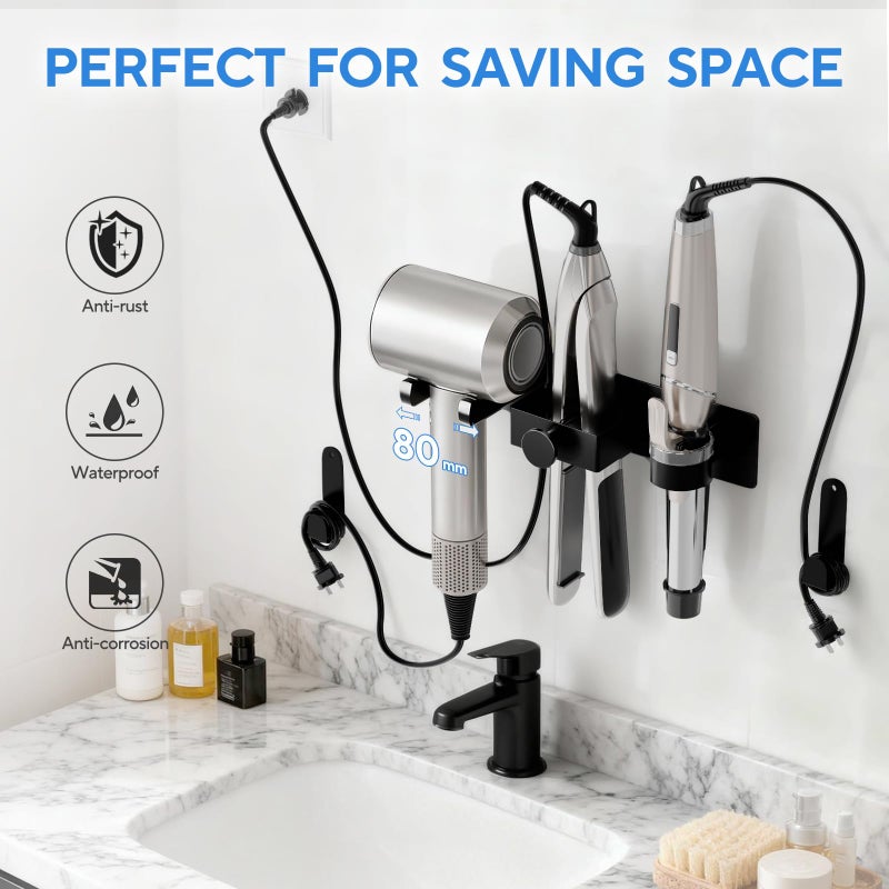 DOTCUTY Hair Dryer Holder Wall Mount with Plug&Cord Organizer, Curling Iron Holder Flat Iron, 3-in-1 Bathroom Hair Tool Organizer and Storage, Straightener Holder, Metal Blow Dryer Holder Rack for Most Dryers - Image 3