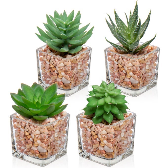 MINI FAKE PLANTS 4 PACKS SUCCULETNS ARTIFICIAL POTTED PLANTS IN CUBE GLASS VASE FAUX SUCCULENTS FOR BATHROOM LIVING ROOM KITCHEN SHELF TABLE DECOR