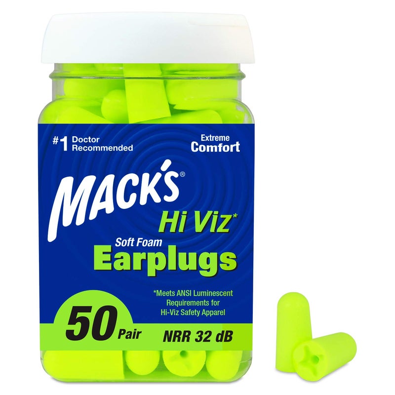 Hi Viz Soft Foam Earplugs 50 Pair Most Visible Color Easy Compliance Checks 32dB High NRR Comfortable Safe Ear Plugs for Shop Work Industrial Use Motor Sports and Shooting