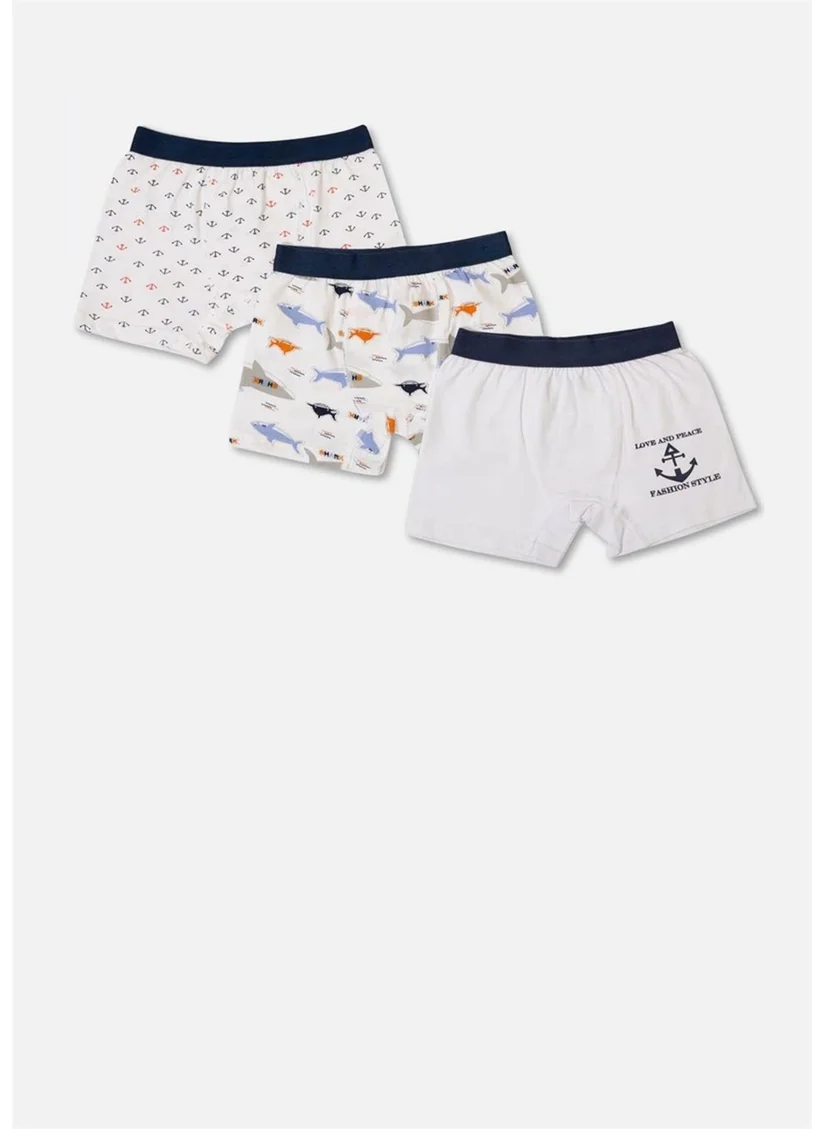 Defne Anchor and Shark Pattern Printed Lycra Combed Cotton Boy 3-Piece Boxer Set