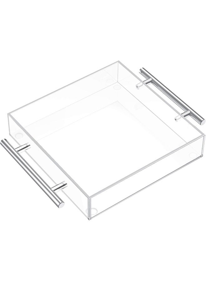 TPGP Clear Acrylic Serving Tray 12"X12" - Coffee Table Living Room Kitchen Decorative Tray With Silver Metal Handles, Bathroom Vanity Tray Perfume Cosmetic Storage Organizer - Image 1