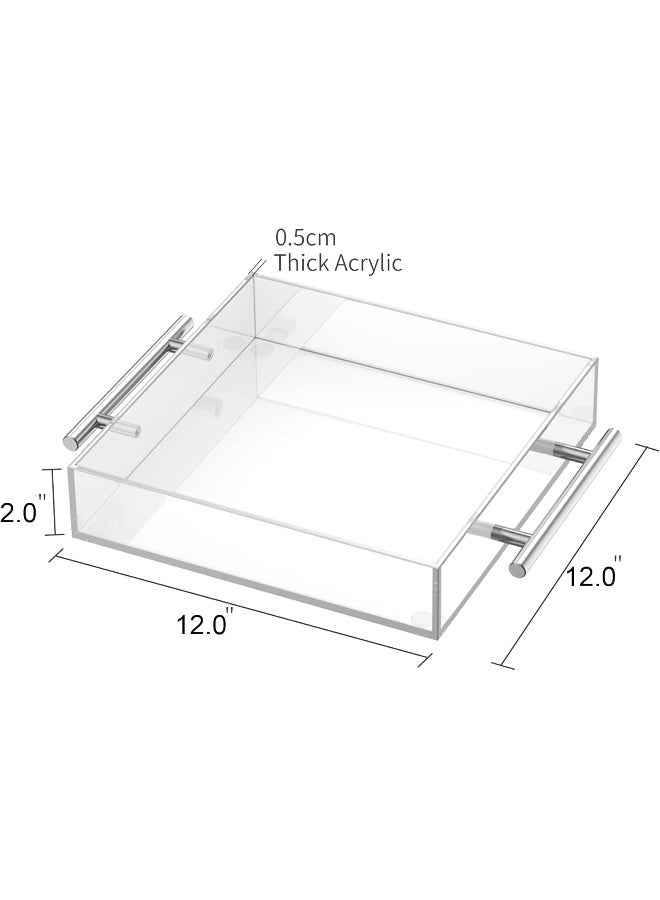 TPGP Clear Acrylic Serving Tray 12"X12" - Coffee Table Living Room Kitchen Decorative Tray With Silver Metal Handles, Bathroom Vanity Tray Perfume Cosmetic Storage Organizer - Image 4