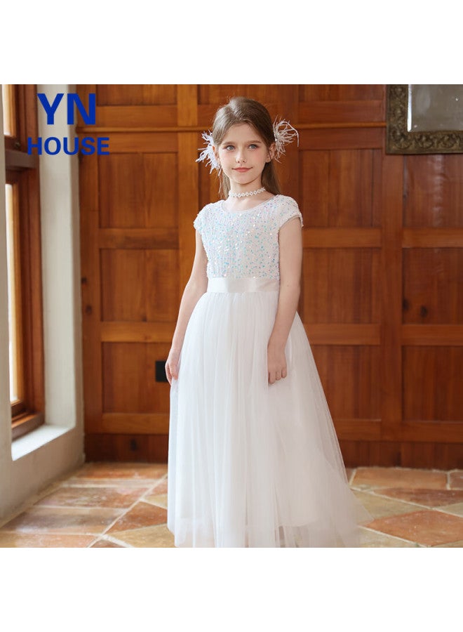 Yinuofang Women's Evening Dress Long Gown Princess Tulle Dress Host White Evening Dress Piano Performance Dance Costume - Image 1