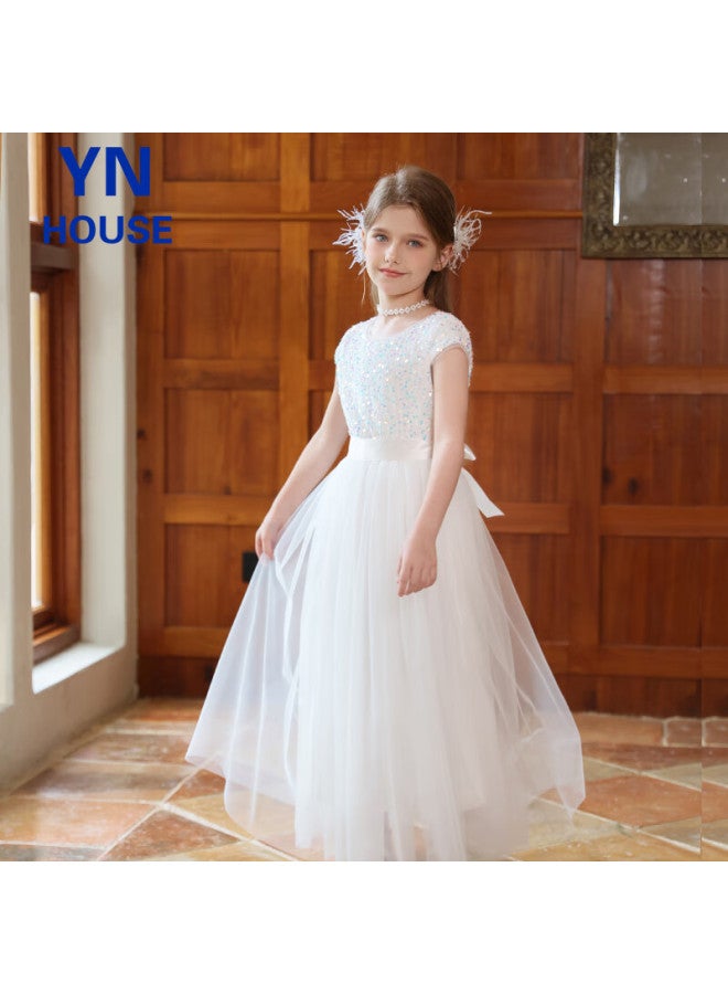 Yinuofang Women's Evening Dress Long Gown Princess Tulle Dress Host White Evening Dress Piano Performance Dance Costume - Image 5