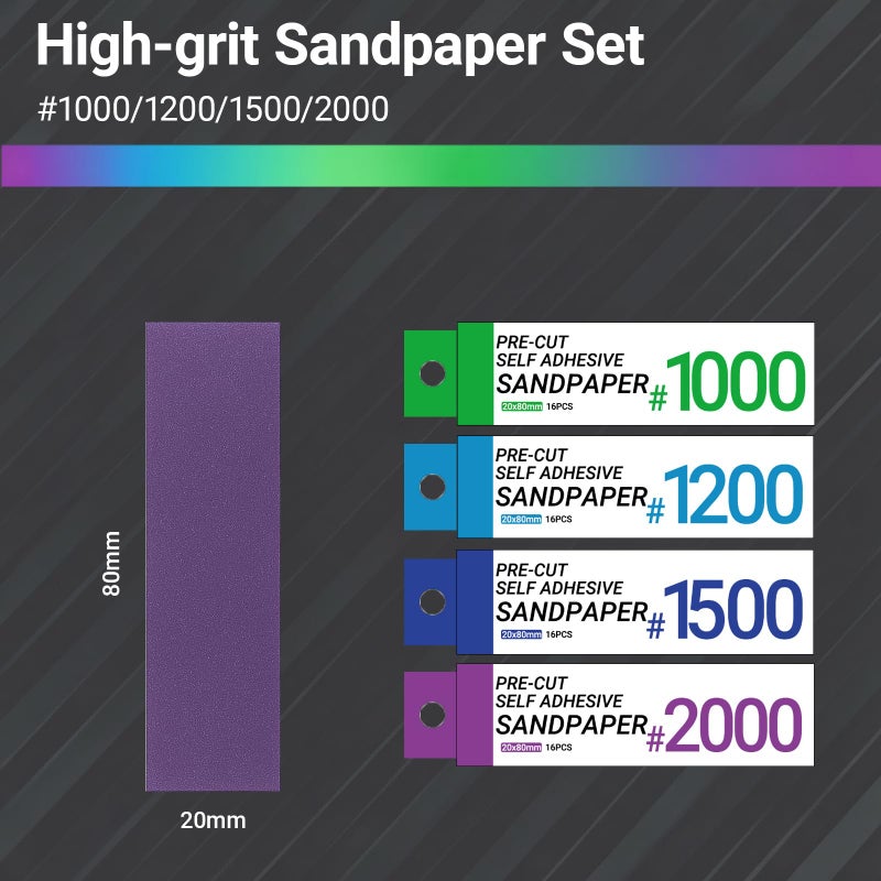 HUBEST Hobby Model Tools Self Adhesive Sandpaper, Waterproof Washable Reusable Sandpaper 1000/1200/1500/2000 Grit for Hobbies DIY Model Sanding(64pcs) - Image 2