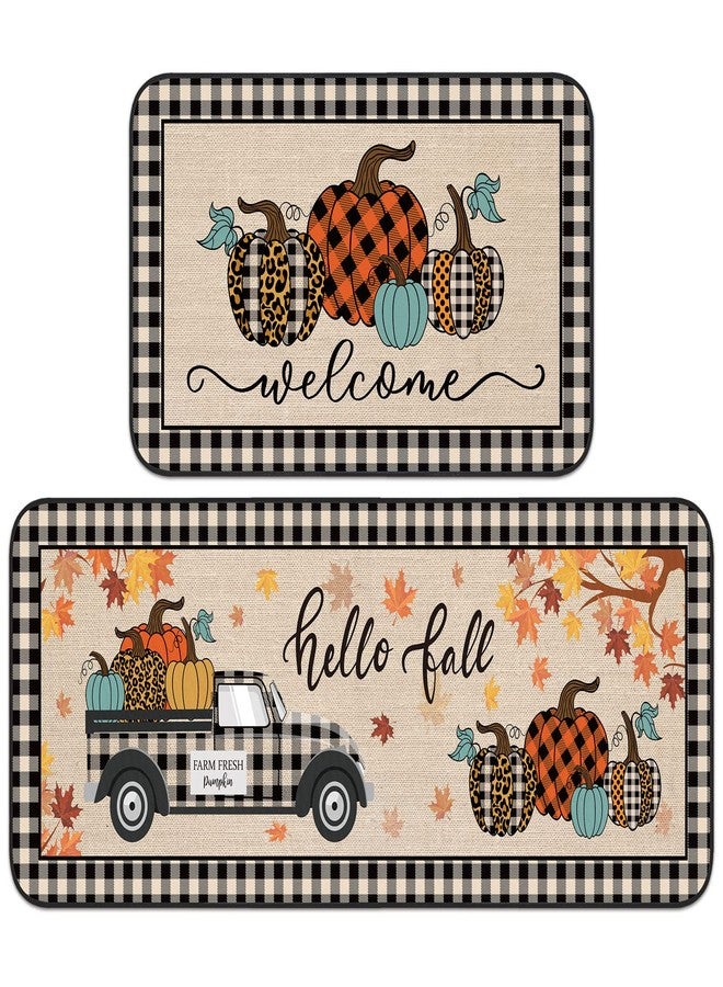 Suttmin Thanksgiving Pumpkin Kitchen Rugs Set of 2 Fall Kitchen Mats Buffalo Plaid Pumpkin Rug Autumn Truck Mats Fall Non Slip Doormat for Welcome Holiday Decor, 17 x 29 Inch and 17 x 47 Inch - Image 1