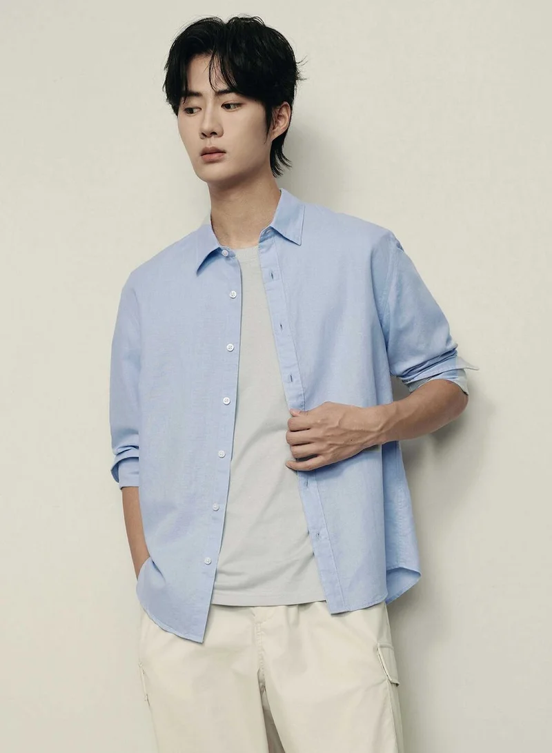 Men’s Regular Fit Linen-Cotton Poplin Long Sleeve Shirt | Korea Collection