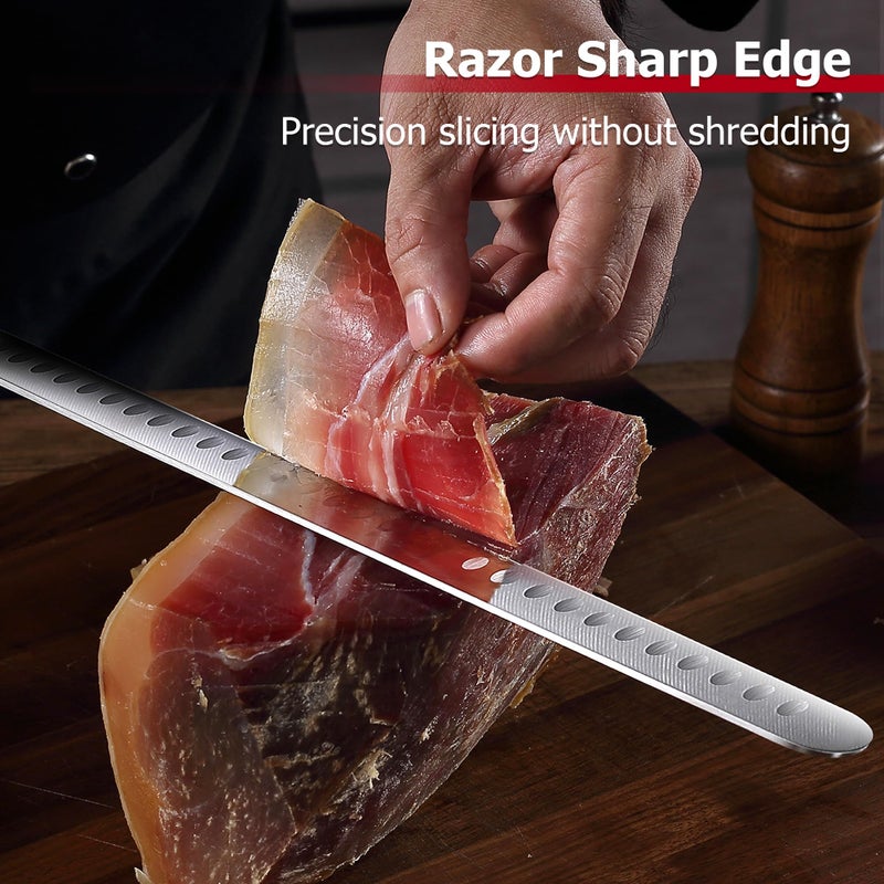 PAUDIN 12 Inch Carving Knife, Premium Slicing Knife with Granton Blade for Cutting Smoked Brisket, BBQ Meat, Turkey - Ergonomic G10 Handle - Image 3
