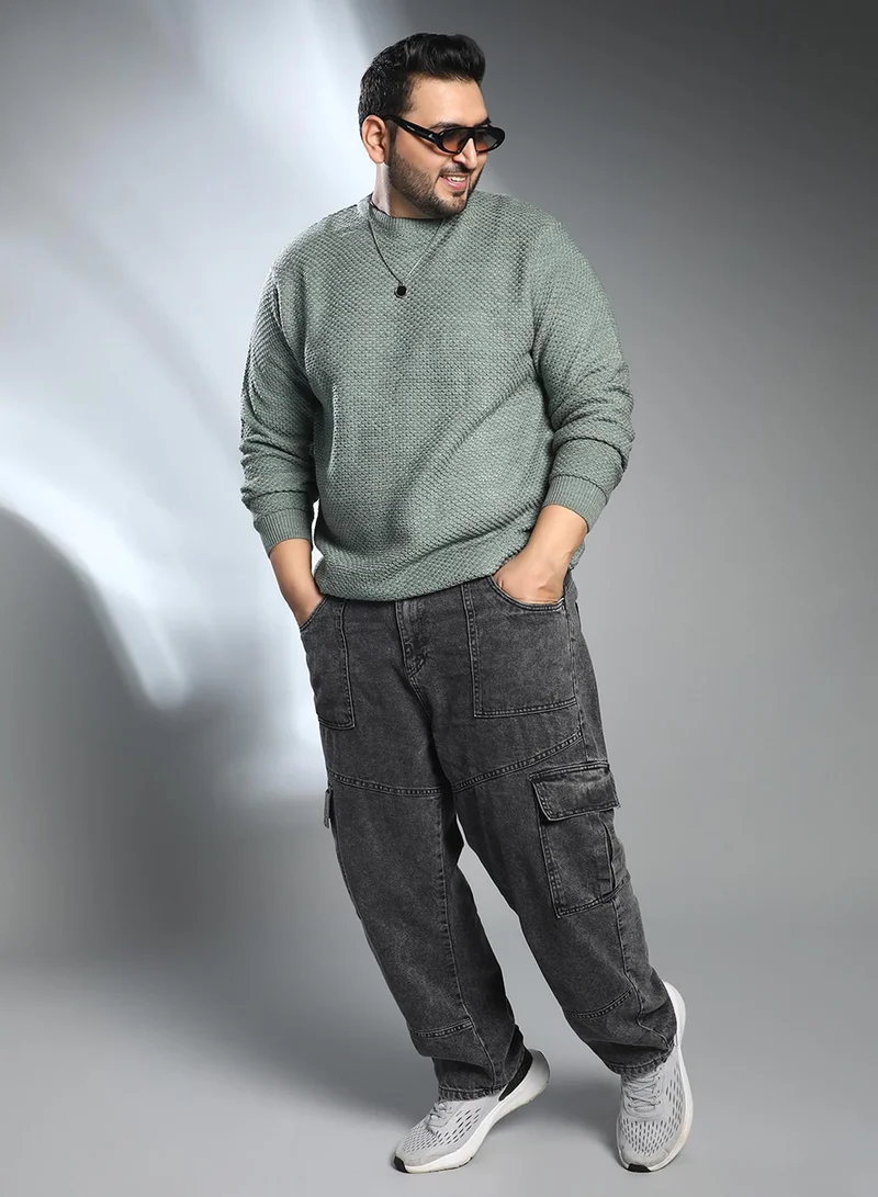 Instafab Plus Instafab Plus Men's Sage Green Textured Knit Pullover Sweater For Casual Wear | Crew Neck | Long Cuffed Sleeves | Pull On Closure | Plus Size Sweater Crafted With Comfort Fit For Everyday Wear