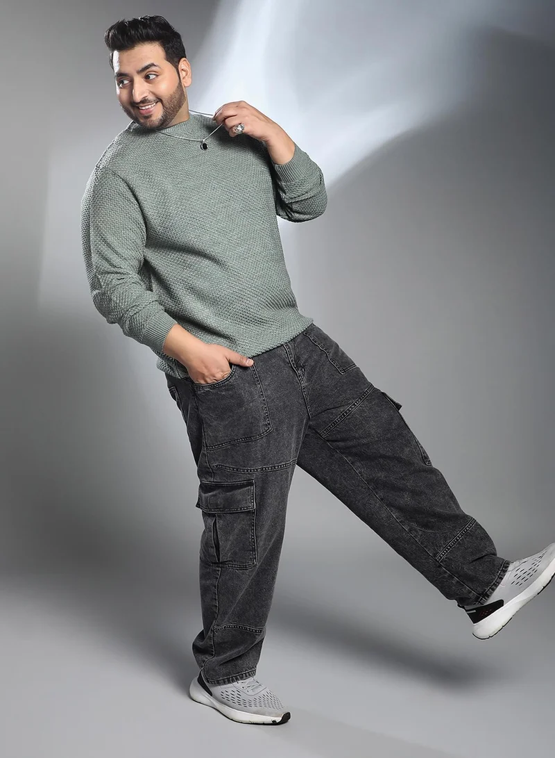 Instafab Plus Instafab Plus Men's Sage Green Textured Knit Pullover Sweater For Casual Wear | Crew Neck | Long Cuffed Sleeves | Pull On Closure | Plus Size Sweater Crafted With Comfort Fit For Everyday Wear