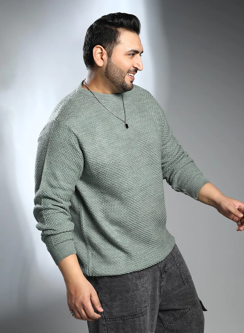 Instafab Plus Instafab Plus Men's Sage Green Textured Knit Pullover Sweater For Casual Wear | Crew Neck | Long Cuffed Sleeves | Pull On Closure | Plus Size Sweater Crafted With Comfort Fit For Everyday Wear