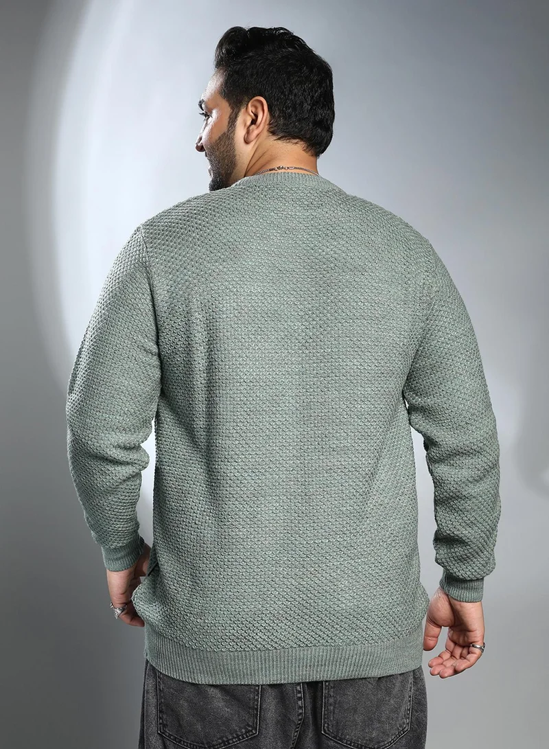 Instafab Plus Instafab Plus Men's Sage Green Textured Knit Pullover Sweater For Casual Wear | Crew Neck | Long Cuffed Sleeves | Pull On Closure | Plus Size Sweater Crafted With Comfort Fit For Everyday Wear