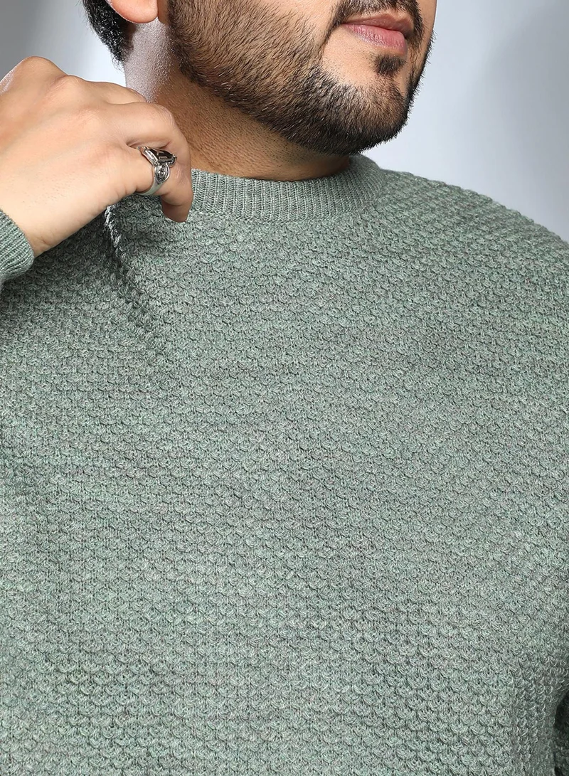Instafab Plus Instafab Plus Men's Sage Green Textured Knit Pullover Sweater For Casual Wear | Crew Neck | Long Cuffed Sleeves | Pull On Closure | Plus Size Sweater Crafted With Comfort Fit For Everyday Wear