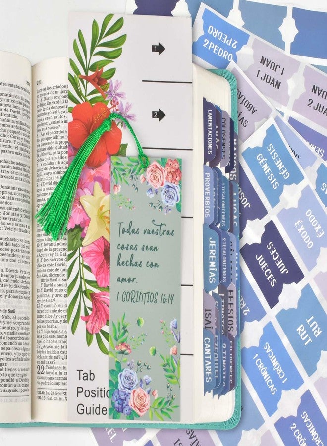 CUALFEC Spanish Bible Tabs Pestañas para Biblias en Español with Bookmark and Guide Card Elegant Bible Study Supplies for Women and Men - Blue - Image 1