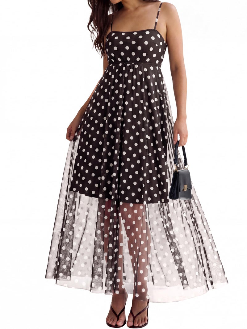 Glamaker Womens Summer Polka Dot Maxi Dress Spaghetti Strap Smocked Backless Mesh Long Flowy Boho Beach Vacation Sun Dresses Brown,L - Image 1
