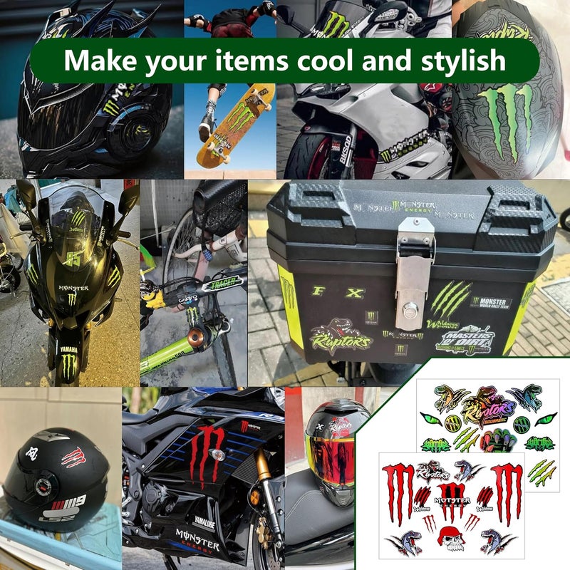 POKITA X 2 PCS Reflective Monster Energy Sticker Combo Pack (Red & Green) - High-Visibility Waterproof Motorcycle Helmet Decals for Bike, Skateboard, Scratch Resistant DIY Bike & Quad Stickers - Image 5
