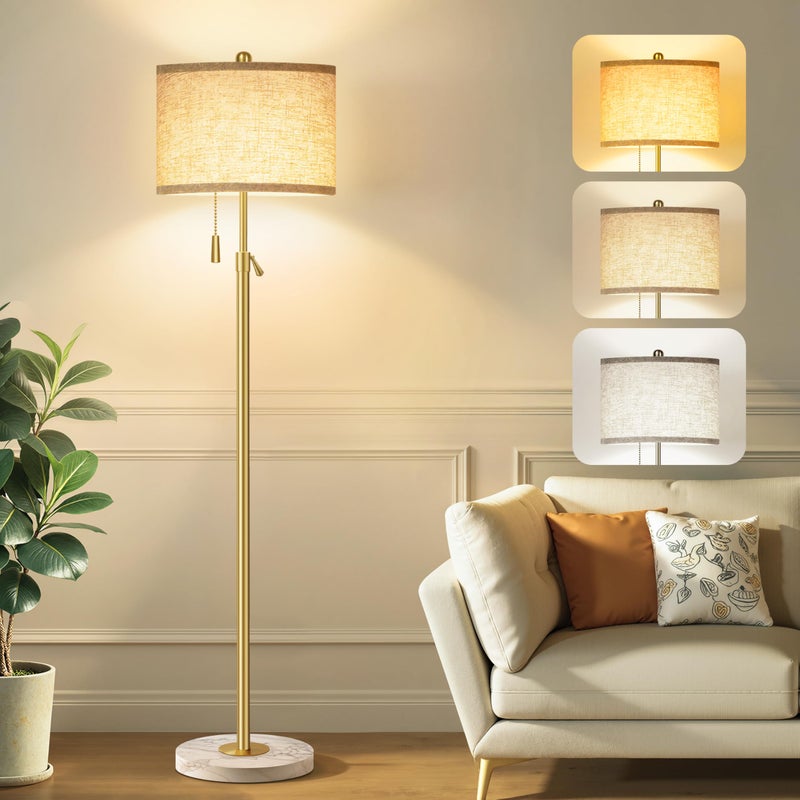 FUNNYBEHOM Modern Gold Floor Lamp for Living Room - Adjustable Height Standing Lamp with Marble Base & Linen Shade, 3-Way Dimmable Tall Floor Light for Bedroom, Reading, Bulb Included - Image 1