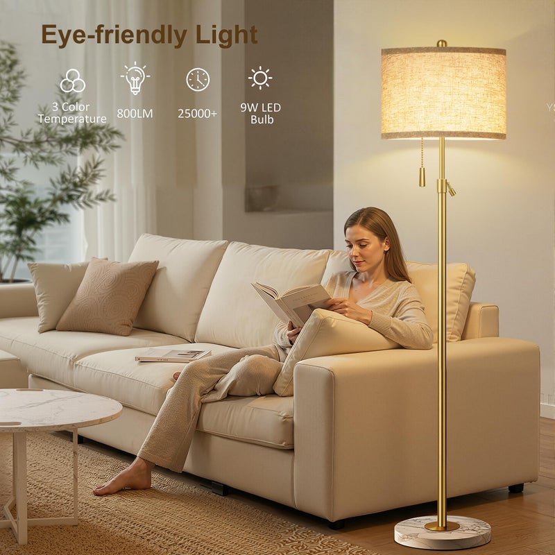 FUNNYBEHOM Modern Gold Floor Lamp for Living Room - Adjustable Height Standing Lamp with Marble Base & Linen Shade, 3-Way Dimmable Tall Floor Light for Bedroom, Reading, Bulb Included - Image 3