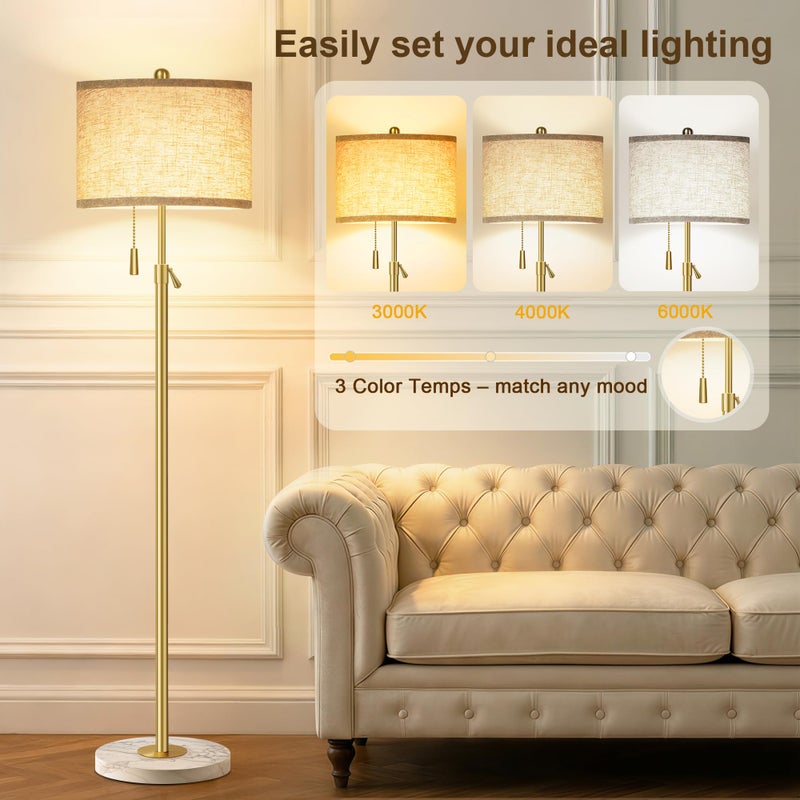 FUNNYBEHOM Modern Gold Floor Lamp for Living Room - Adjustable Height Standing Lamp with Marble Base & Linen Shade, 3-Way Dimmable Tall Floor Light for Bedroom, Reading, Bulb Included - Image 2