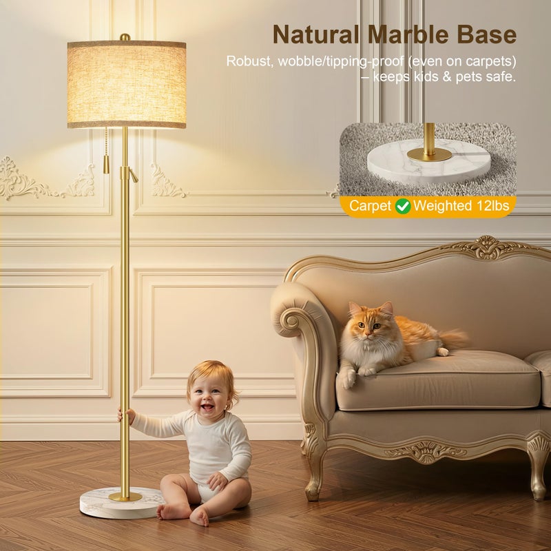 FUNNYBEHOM Modern Gold Floor Lamp for Living Room - Adjustable Height Standing Lamp with Marble Base & Linen Shade, 3-Way Dimmable Tall Floor Light for Bedroom, Reading, Bulb Included - Image 4