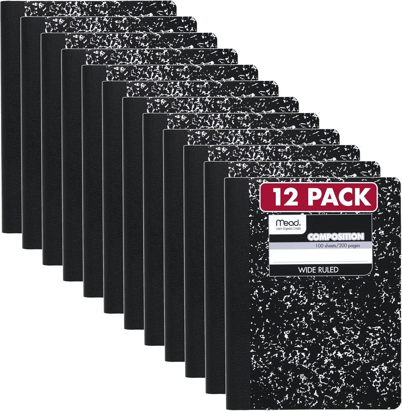 Mead Composition Notebook, 12 Pack, Wide Ruled Paper, 24.8 cm x 19 cm, 100 Sheets per Notebook, Black Marble, Pack of 12 - Image 1