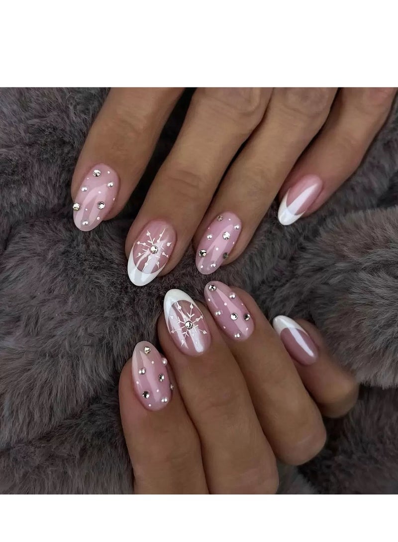 جوسكوين أظافر لاصقة، 24 قطعة، أطراف أظافر بتصميم ندفة الثلج لعيد الميلاد، أظافر صناعية مؤقتة مع أحجار الراين اللامعة، أطراف مانيكير فرنسي، وصلات أظافر لامعة لفن الأظافر الاحتفالي الخاص بالأعياد، أظافر أكريليك مع مجموعة صمغ. - Image 1