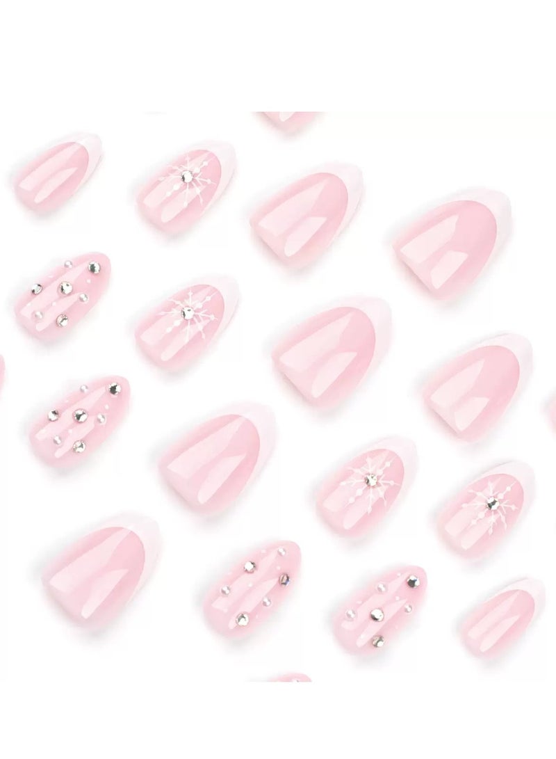 جوسكوين أظافر لاصقة، 24 قطعة، أطراف أظافر بتصميم ندفة الثلج لعيد الميلاد، أظافر صناعية مؤقتة مع أحجار الراين اللامعة، أطراف مانيكير فرنسي، وصلات أظافر لامعة لفن الأظافر الاحتفالي الخاص بالأعياد، أظافر أكريليك مع مجموعة صمغ. - Image 3