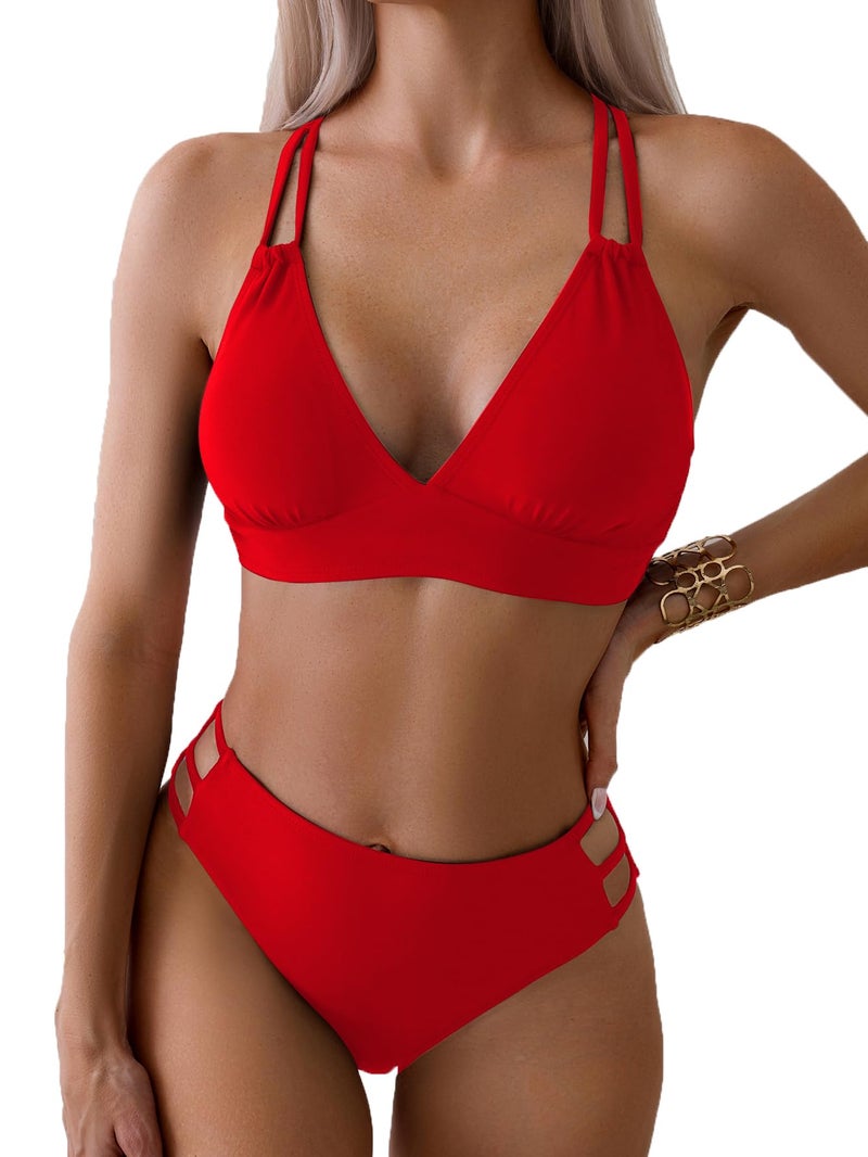 Fanuerg Women's Sexy V Neck Bikini Sets Hollow Out Two Piece Swimsuits Cutout Mid Waist Bathing Suit Red XL - Image 1