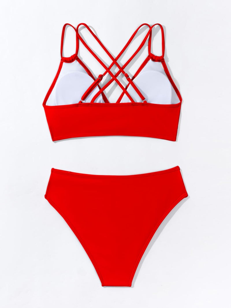 Fanuerg Women's Sexy V Neck Bikini Sets Hollow Out Two Piece Swimsuits Cutout Mid Waist Bathing Suit Red XL - Image 4