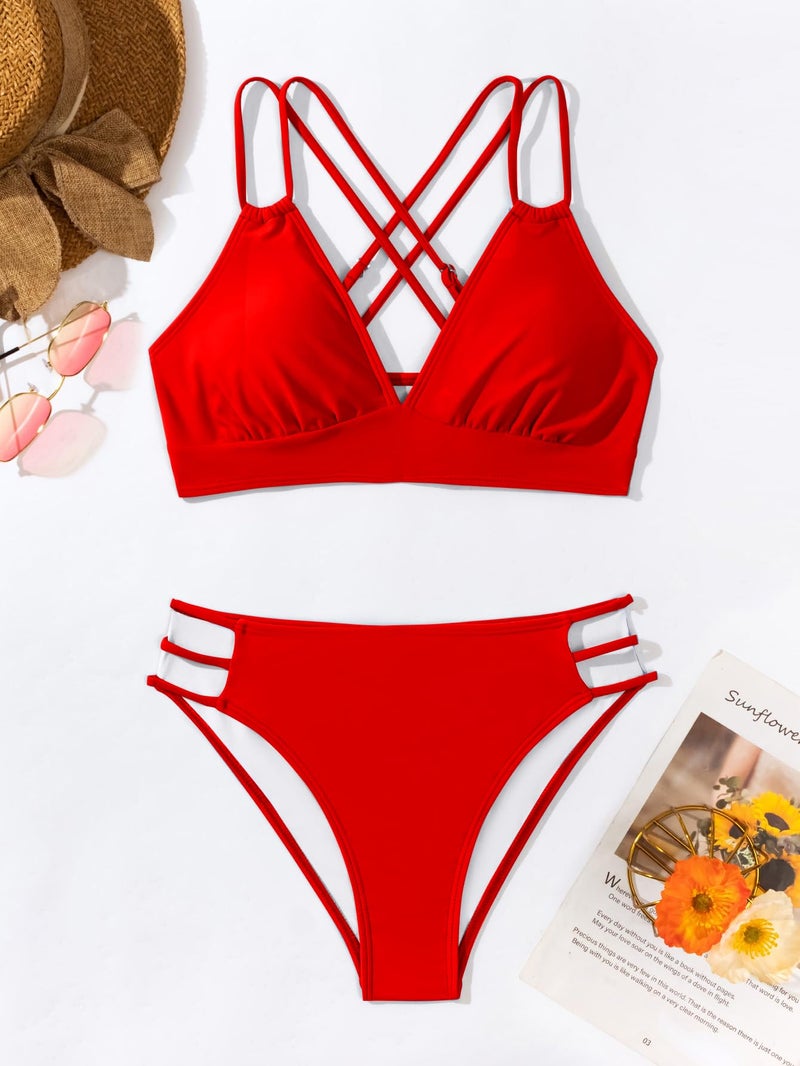 Fanuerg Women's Sexy V Neck Bikini Sets Hollow Out Two Piece Swimsuits Cutout Mid Waist Bathing Suit Red XL - Image 3