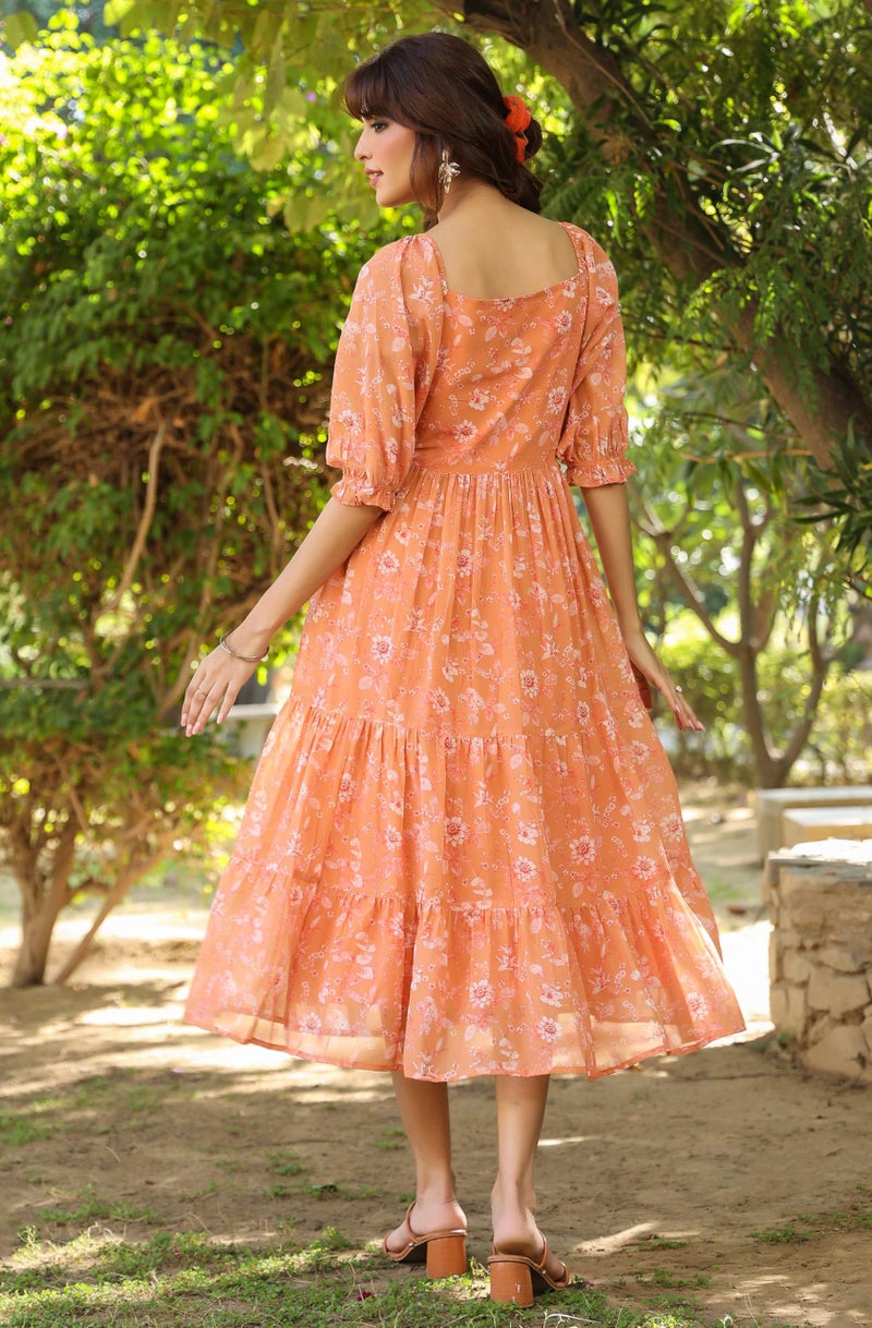 Janasya Women's Orange Georgette Floral Printed Tiered Dress (JAA25DR01149-M) - Image 4