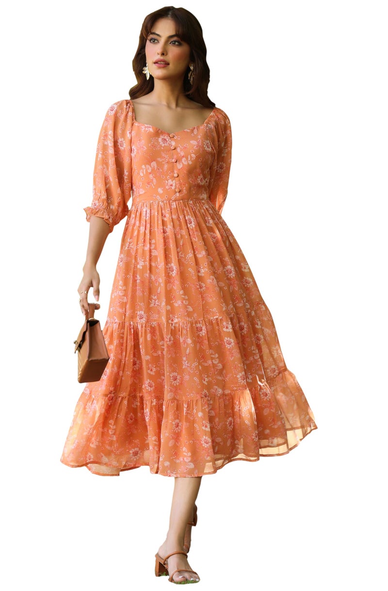 Janasya Women's Orange Georgette Floral Printed Tiered Dress (JAA25DR01149-M) - Image 1