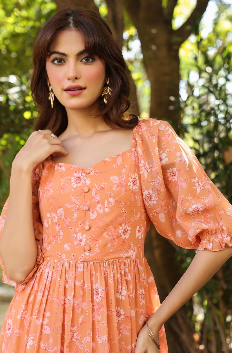 Janasya Women's Orange Georgette Floral Printed Tiered Dress (JAA25DR01149-M) - Image 2