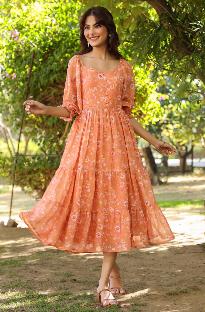 Janasya Women's Orange Georgette Floral Printed Tiered Dress (JAA25DR01149-M) - Image 3