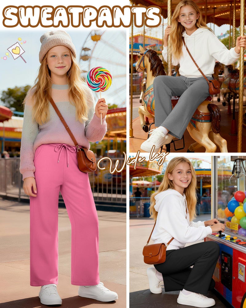 LessonZoo 3 Pack Girls' Sweatpants Fleece Lined Wide Leg Drawstring Casual Kids Open Bottom Pants with Pockets Teen Girl(Rose Red, Heather Gray, Black,9-10 Years) - Image 2