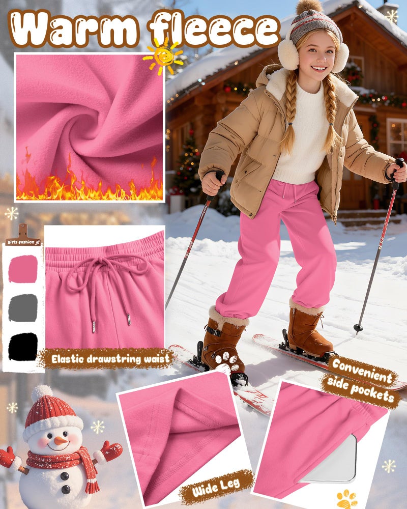 LessonZoo 3 Pack Girls' Sweatpants Fleece Lined Wide Leg Drawstring Casual Kids Open Bottom Pants with Pockets Teen Girl(Rose Red, Heather Gray, Black,9-10 Years) - Image 3