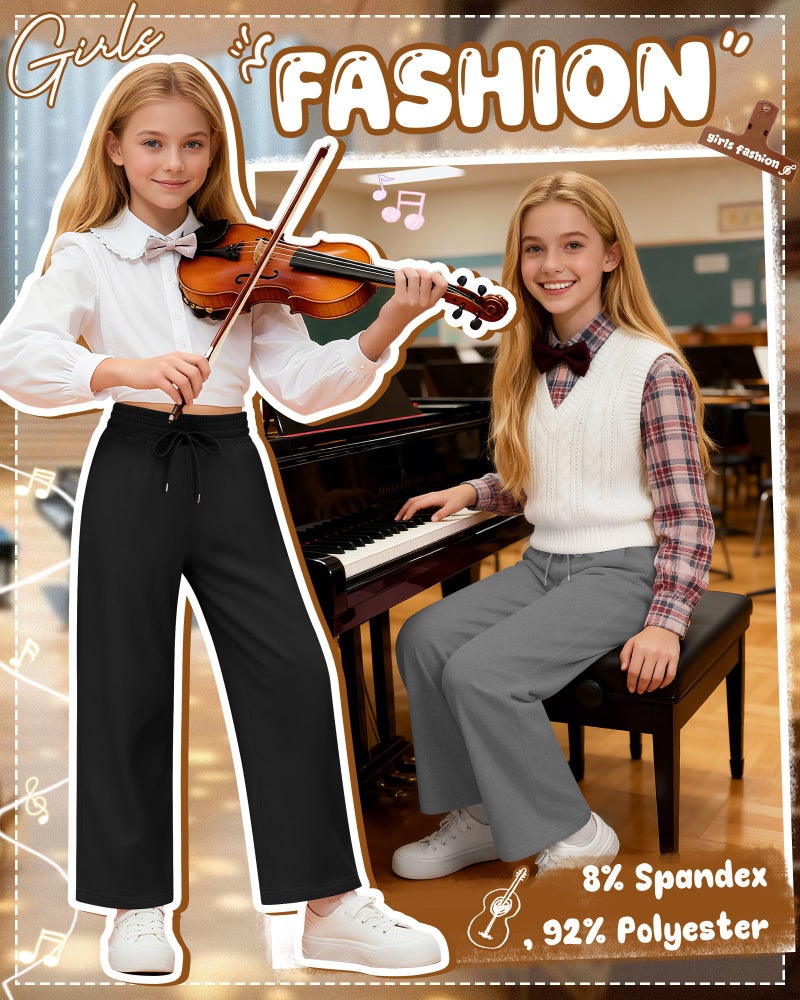 LessonZoo 3 Pack Girls' Sweatpants Fleece Lined Wide Leg Drawstring Casual Kids Open Bottom Pants with Pockets Teen Girl(Rose Red, Heather Gray, Black,9-10 Years) - Image 5