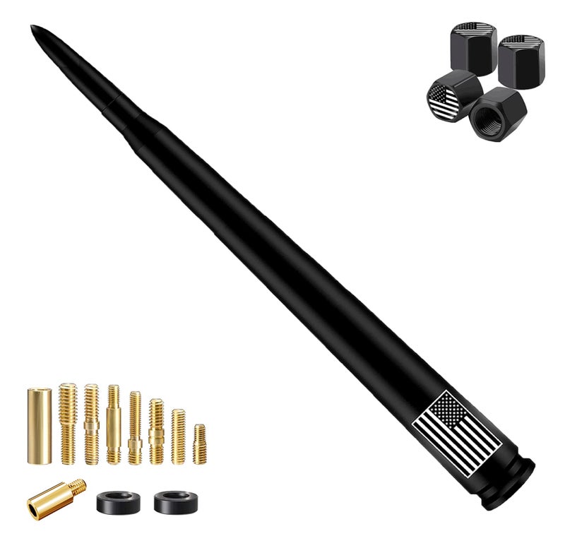 HVSTTPK Car Bullet Antenna with Valve Stem Caps for GM Chevy Silverado 1500 2500 3500 HD Avalanche Ford F Series F150 F250 GMC Sierra 1500 2500 3500 Denali Heavy Truck Accessories (Black)-10inch- America Flag - Image 1