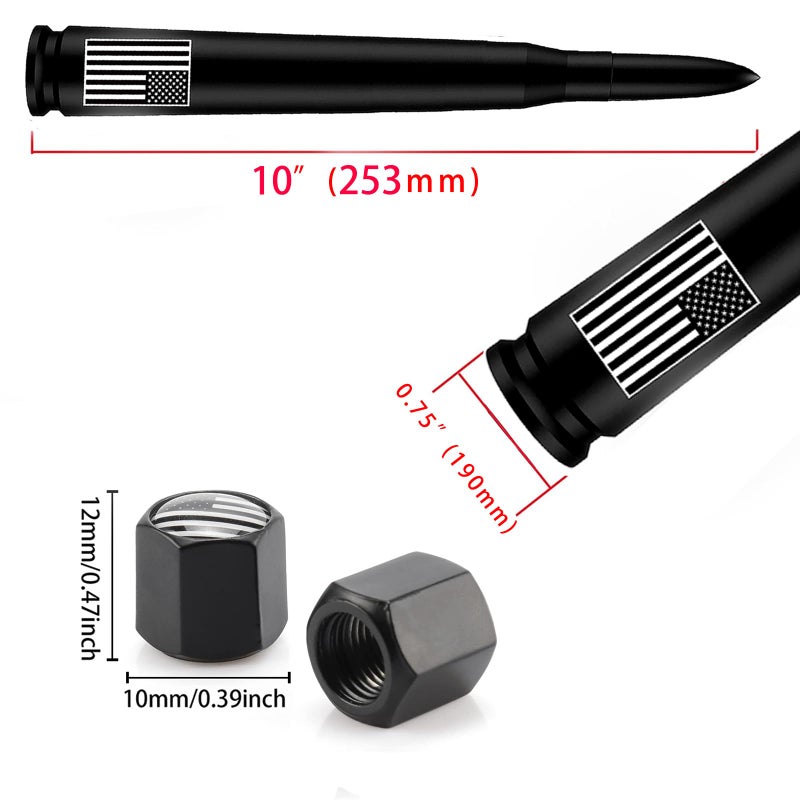 HVSTTPK Car Bullet Antenna with Valve Stem Caps for GM Chevy Silverado 1500 2500 3500 HD Avalanche Ford F Series F150 F250 GMC Sierra 1500 2500 3500 Denali Heavy Truck Accessories (Black)-10inch- America Flag - Image 3