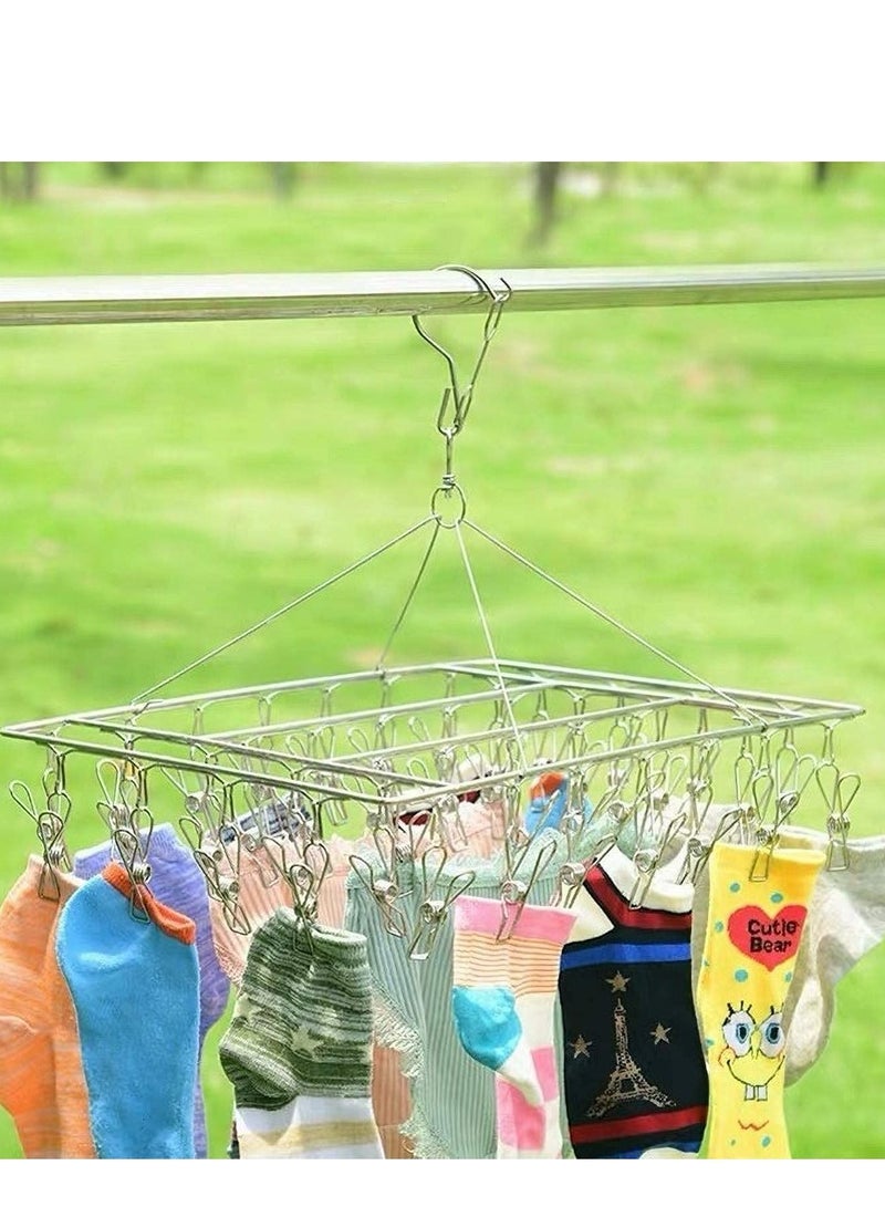 Stainless Steel Sock Drying Rack, Laundry Pegs with 36pcs Swivel Hook Wind-proof Clothes Hanging Rack Metal Clothespins Rectangle for Socks, Underwear, Shoe Insoles, Baby Clothes, Gloves - Image 5