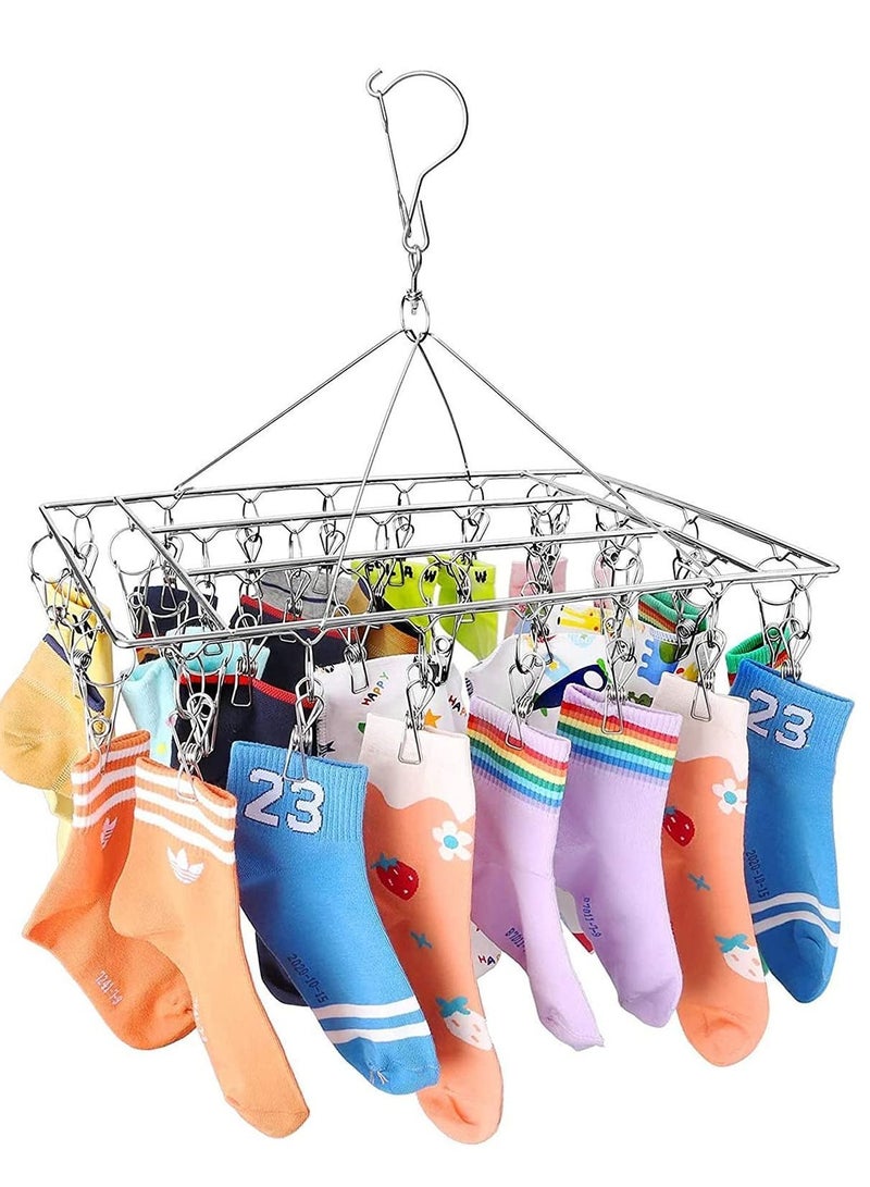 Stainless Steel Sock Drying Rack, Laundry Pegs with 36pcs Swivel Hook Wind-proof Clothes Hanging Rack Metal Clothespins Rectangle for Socks, Underwear, Shoe Insoles, Baby Clothes, Gloves - Image 4
