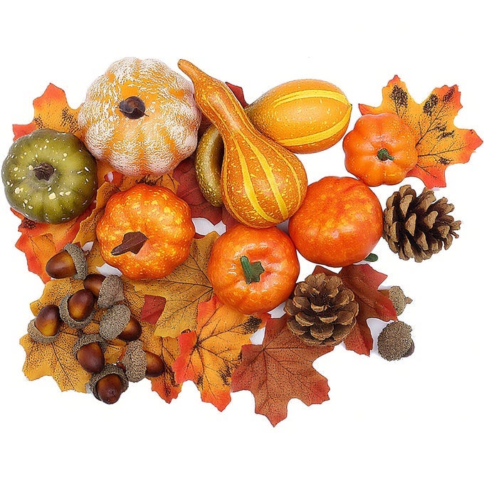 50PCS FALL PUMPKINS DECOR SET MINI ARTIFICIAL GOURD FALL LEAVES ACORNS DECORATIONS FOR HOME FALL CENTERPIECES FOR TABLES THANKSGIVING VASE FILLER HARVEST FARMHOUSE TABLE TIERED TRAY SET