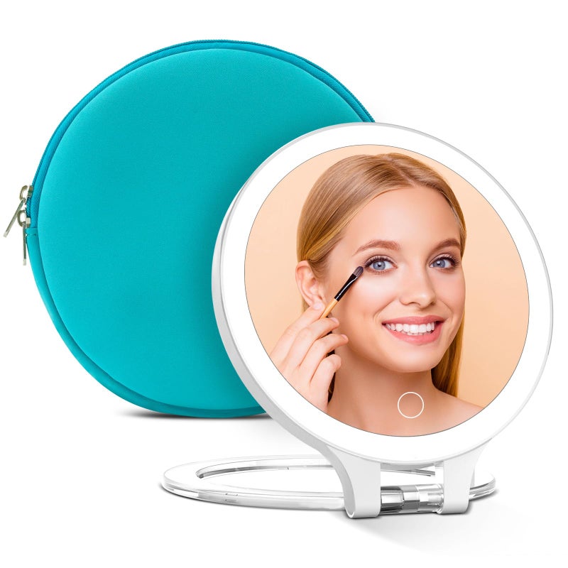 Famihomii Rechargeable Lighted Makeup Mirror with Magnification 10X1X Double Sided Travel Makeup Mirror with 3 Color Lights Portable Foldable Cosmetic Mirror Dimmable Travel Essential With Cyan Bag
