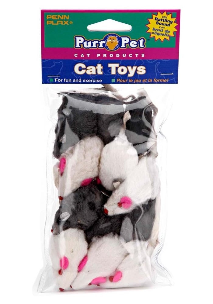 Penn Plax Penn-Plax Play Fur Mice Cat Toys - Mixed Bag of 12 Plush Mice with Rattling Sounds in 3 Colors - Image 1